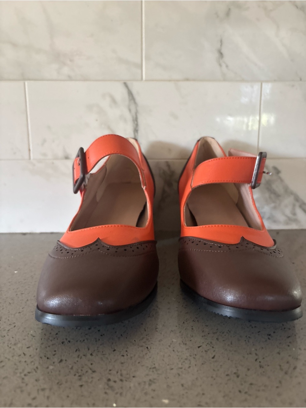 Two-Tone Mary Jane Heels in Brown and Orange